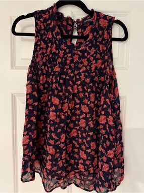 Lucky Brand Sleeveless Navy Floral Blouse with Pink Roses | 2XL